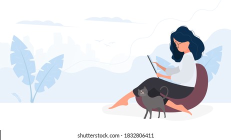 The girl sits on an ottoman and works at a laptop. A woman with a laptop sits on a large pouf. The cat rubs against the girl's leg. Vector.