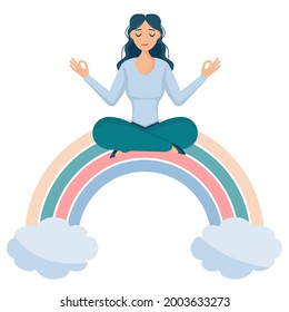Girl sits on rainbow or on cloud, in lotus position, with a smile and love for herself, hugging her heart. Smiling female character enjoys her freedom, life. Body positive and health care concept