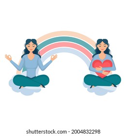 Girl sits on rainbow or on cloud, in lotus position, with a smile and love for herself, hugging her heart. Smiling female character enjoys her freedom, life. Body positive and health care concept