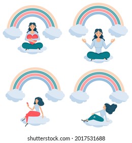 Girl sits on rainbow or on cloud, in lotus position, with a smile and love for herself, hugging her heart. Smiling female character enjoys her freedom, life. Body positive and health care concept