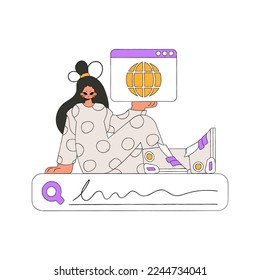 The girl sits on the search line and holds a web browser in her hands. Search for the necessary information on the Internet. Linear retro style character.