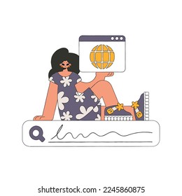 The girl sits on the search line and holds a browser window in her hands. Search for information. Linear retro style character.