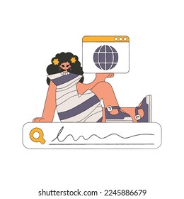 The girl sits on the search line and holds a web browser in her hands. Search for information. Linear retro style character.