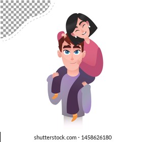 The girl sits on the shoulders of her father. Couple in love, girl teenager on the shoulders of a strong guy. Vector isolated illustration.