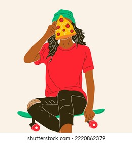 Girl sits on a skateboard and eats pizza. Bright vector trend illustration.