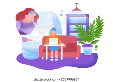 
A girl sits on the sofa and works using a laptop. Far from home. Flat vector illustration