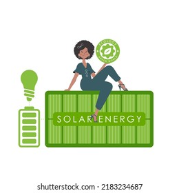 The girl sits on the solar panel and holds the ECO logo in her hands. The concept of ecology and green energy. Isolated on white background. Vector trend illustration.