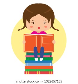 A girl sits on a stack of books and reads a book. Vector illustration.