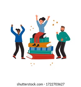 A girl sits on a stack of books and nearby dancing friends. Modern illustration of book lover, reader, literature fan isolated on white background. Vector