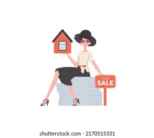 La niña se sienta en un montón de documentos y sostiene la casa en sus manos. Vender una casa o un inmueble. Aislado. Ilustración del vector