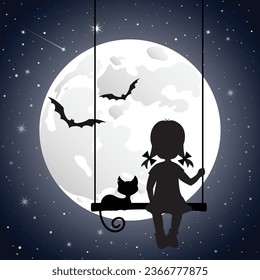 A girl sits on a swing and looks at the moon. Halloween night.