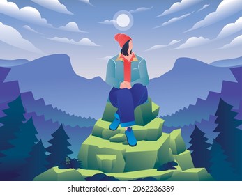 A girl sits on top of a rock behind her a beautiful scenery of mountain and pine forest