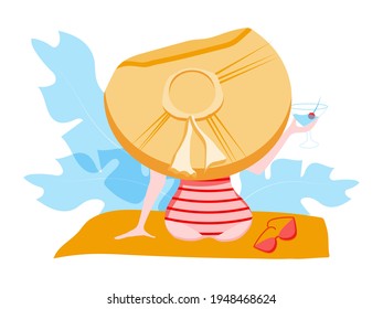 The girl sits on a towel in a hat with a glass. Vector illustration in a flat style. Beach. Summer. Girl in a striped swimsuit on vacation. Travels.