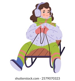 Girl sits on a trace in overalls in winter. Hild outdoors in winter, isolated. Flat vector illustration, eps10