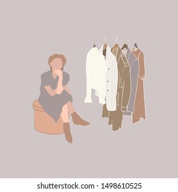 Girl sits on a wicker basket near the wardrobe with various items of clothing and thinks what to wear. Female figures drawn in modern flat cartoon style. 