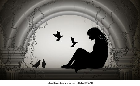 girl sits on the window and flock of pigeons fly to her, girl sits on the  old fashioned attic with column and think about something,  girl from fairytale, scene, vector