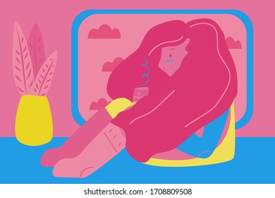 A girl sits on a windowsill by the window and drinks tea. Home lifestyle during a pandemic. Pink, blue, yellow.