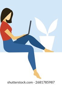 Ein Mädchen sitzt auf einem Fensterbrett mit einem Computer ein Heimbüro Konzept