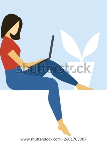 A girl sits on a windowsill with a computer  a home office concept