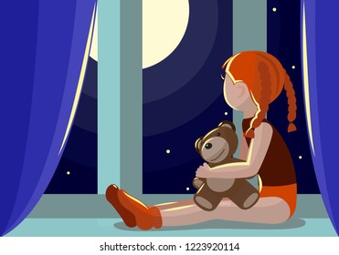 Girl sits on the windowsill and looks at the moon