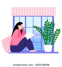 The girl sits on the windowsill and reads a book. Houseplant zamiokulkas on the windowsill, the city outside the window. Cosiness. Flat style, bright colors, isolated white background. Vector, stock.