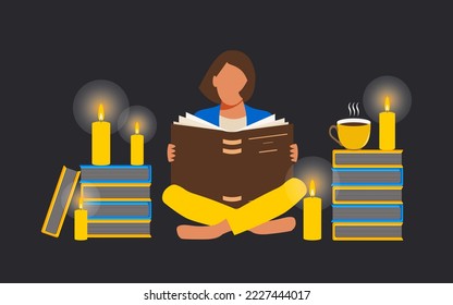 The girl sits with an open book and reads by candlelight. Online education concept with lights off. Ukraine without electricity and heat in 2022. Vector.