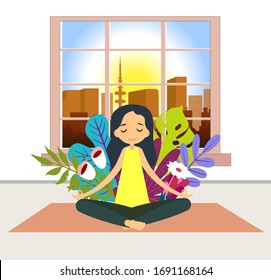 girl sits pose of meditation in an apartment against the background of a window. Coronavirus quarantine yoga classes at home. Vector yoga concept. Kovid-19 virus - closing gyms of fitness centers. 