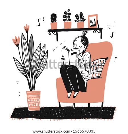 The girl sits reading her favorite book on her favorite sofa.Moments of relaxation the appearance and lifestyle. Collection of hand drawn. Vector illustration in sketch doodle style.