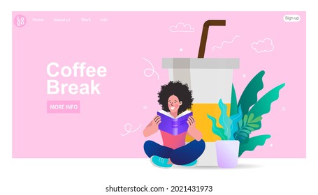 A girl sits and reads a book near a large drinking glass. Concept coffee break, coffee shop, communication and work, education. Vector Illustrations.