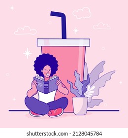 A girl sits and reads a book near a large drinking glass. Concept coffee break, coffee shop, communication and work, education. Vector outline Illustrations.