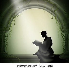 girl sits and reads book in the Renaissance castle, romantic reading with beam of light, vector