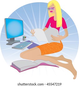 The girl sits, reads, works with the computer. Vector. Illustration