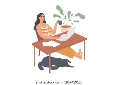 Girl sits relaxed at her desk with a laptop.