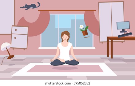 A girl sits in a room, meditates and soars. All items in the room fly. Vector flat illustration.