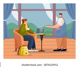 The girl sits at round coffee tables with cup in cafe, backpack near arm chair. The waiter man wearing apron with notebook brought a hamburger. Make an order in a cafe. Cozy restaurant interior