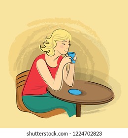 The girl sits at a round table in a cafe and holds a cup with a drink. Sketch. Vector illustration