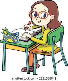 girl sits at a school desk and writes in a notebook