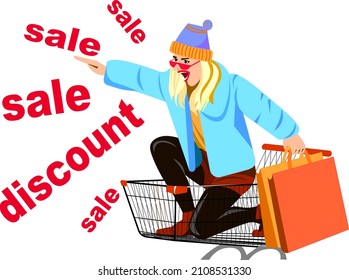 A girl sits in a shopping cart and shouts discounts sale has fallen in price Encourages everyone to rush to the sale Vector illustration