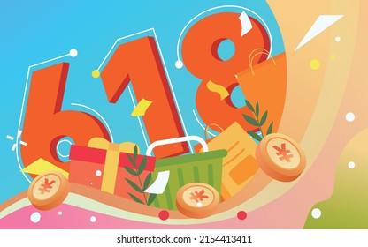 Girl sits in a shopping cart with various gift boxes and shopping bags in the background, vector illustration