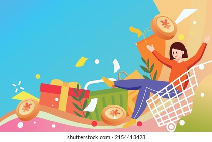 Girl sits in a shopping cart with various gift boxes and shopping bags in the background, vector illustration