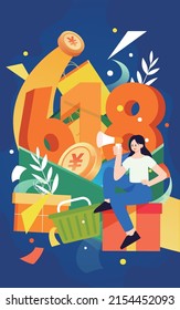 Girl sits in a shopping cart with various gift boxes and shopping bags in the background, vector illustration
