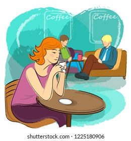 The girl sits at a table in a cafe and drinks coffee. In the background are other visitors to the cafe. Sketch. Vector illustration