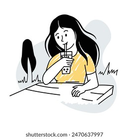 A girl sits at a table in a cafe and drinks a cold drink, lemonade. Summer editable vector in hand drawn style, doodle