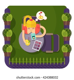 Girl sits at a table in a cafe.Objects isolated on a background. Flat vector illustration.