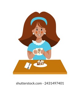A girl sits at a table with a cake and drinks a drink.
