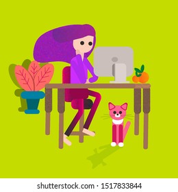 the girl sits at the table with the computer. cat. EPS 10