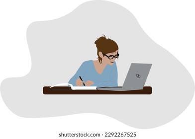 Una niña sentada en una mesa con una computadora, estudia, trabaja en línea  
