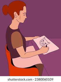 A girl sits at a table and draws. Work at the table.