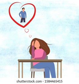  A girl sits at a table and dreams of a guy. Woman in love. In dreams of a lover. Background. Vector illustration for valentines day.