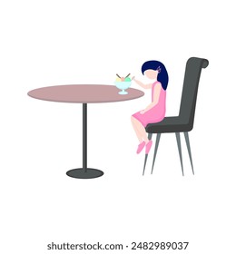 The girl sits at the table and eats ice cream in a cafe. Vector illustration